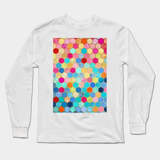 Patterned Honeycomb Patchwork in Jewel Colors Long Sleeve T-Shirt by micklyn